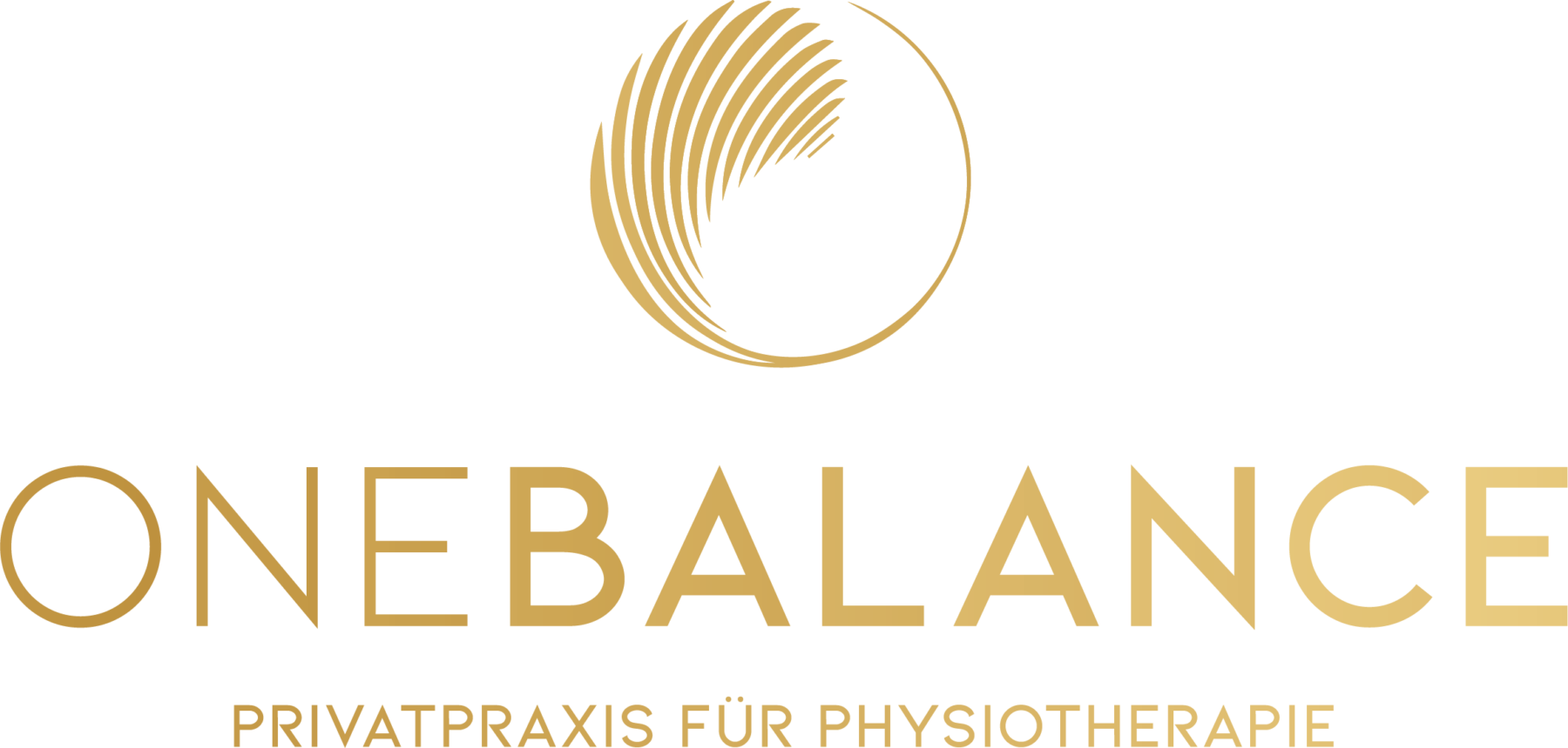 Goldenes ONEBALANCE Logo mit Schriftzug „Privatpraxis für Physiotherapie“ auf schwarzem Hintergrund.