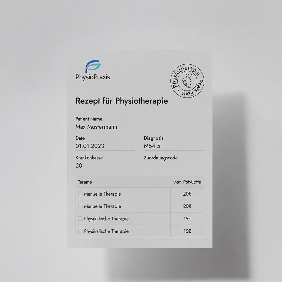 Abbildung eines Physiotherapie-Rezepts mit Patientendaten, Diagnose und Auswahl von manueller und physikalischer Therapie.