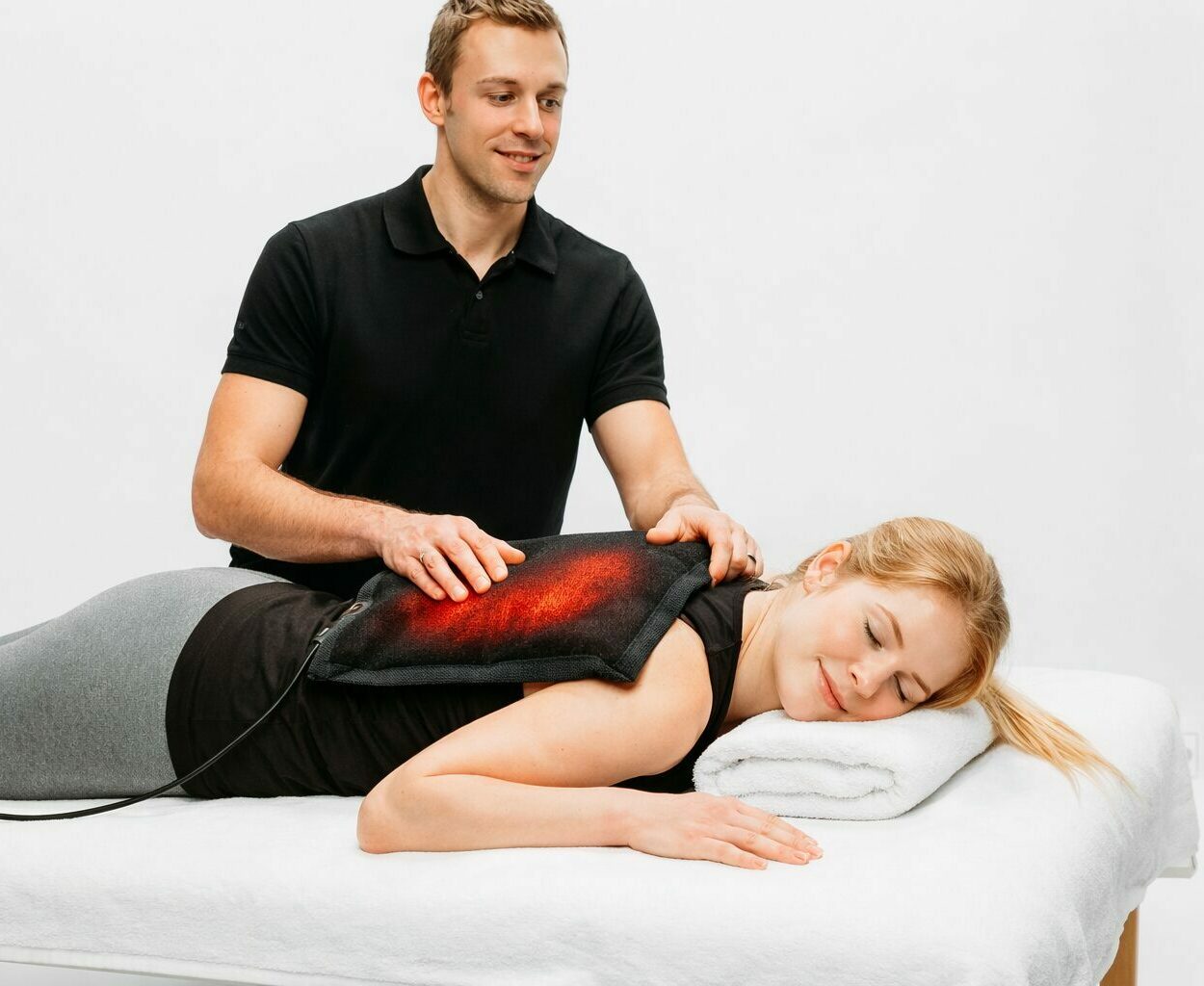 Therapeut legt ein beheiztes Wärmekissen auf den Rücken einer entspannten Patientin auf der Behandlungsliege.